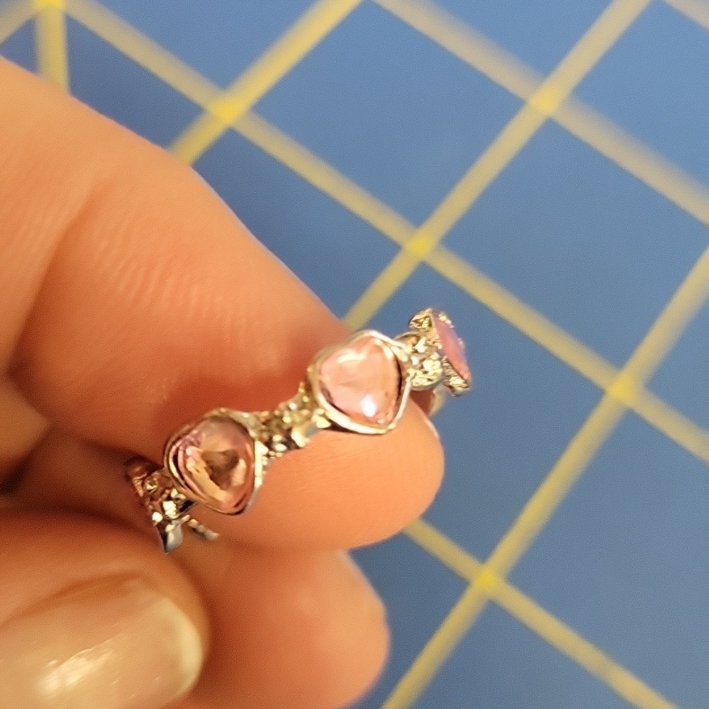 Silver Tone  Heart Ring with Pink Stones Adjustable Size 6.5 - Picture 3 of 4